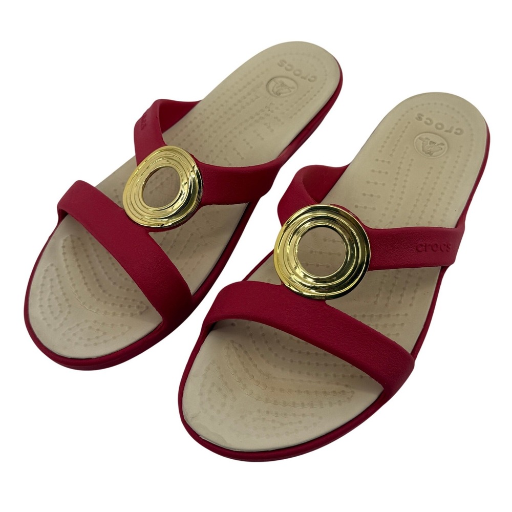 Crocs Sanrah Beveled Circle Slide Sandal Red Gold Women 8 Flip Flop Casual Comfy